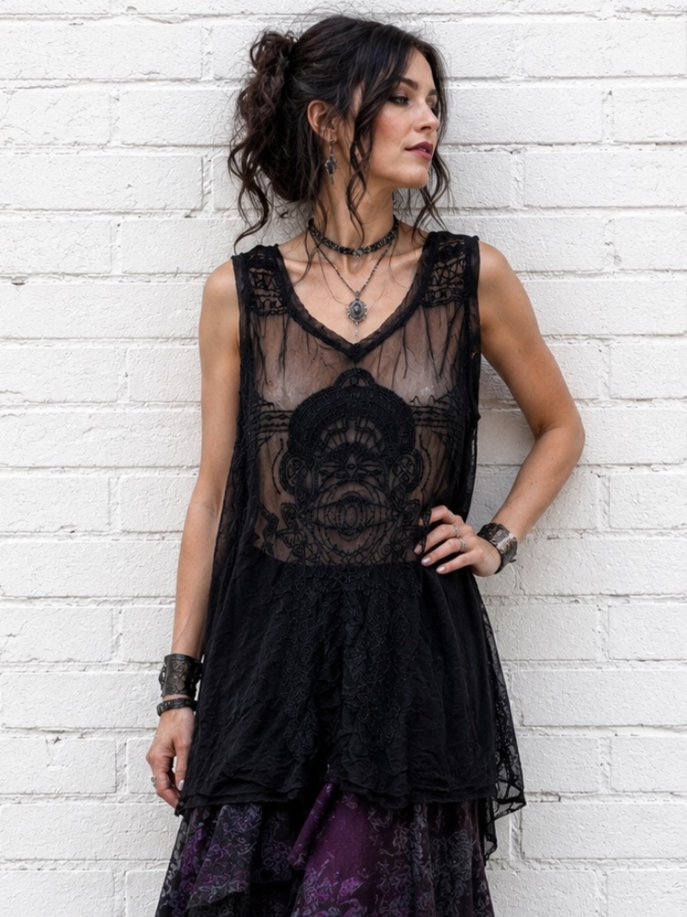 Edgy Whimsigoth Black Mesh Embroidered Sleeveless Tunic Top M/L